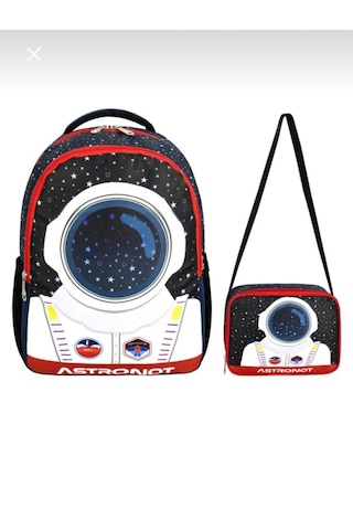 Newfull Astronot Baskılı Erkek Sırt Okul Çantası-2'li Set-syh Krm