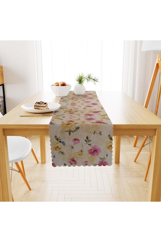Gül Desenli Modern Sarı Pembe Dijital Baskılı Süet Dokuma Runner 40x140