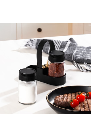 Porsima 00467 Siyah Drop 2 Li Standlı Tuzluk Biberlik Seti - 100ml Siyah