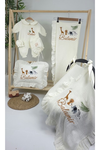 Gros Shop Müslin Yeni Doğan 4katlı Organik %100pamuk Kişiye Özgü Nakışlı Hastane Çıkış Seti-safari Model Ekru