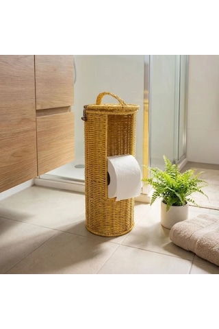 Askılı Plastik Rattan Tuvalet Kâğıdı Standı - Hasır Görünümlü, Kapaklı, Yedekli Wc Kâğıtlık, Banyo Ve Tuvalet İçin Dekoratif Organizer Bx40 Çok Renkli