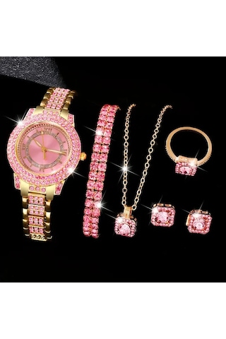 Vip Saat İle Kolye+küpe+yüzük+bileklik 6 Parça Takı Seti Altın