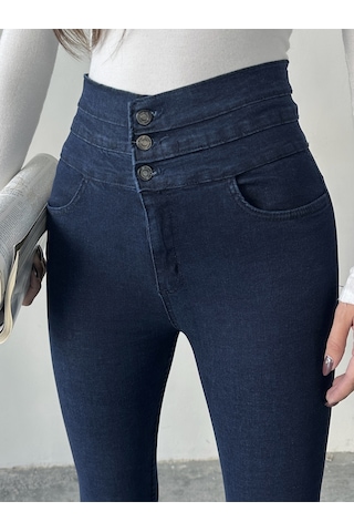 Kadın 3 Kemerli Yüksek Bel Kot Dar Paça Pantolon Lacivert