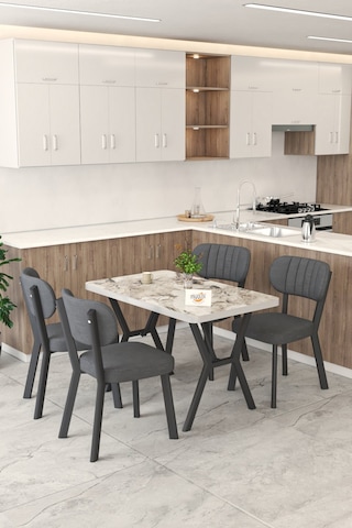 Gnr 70x110cm Sabit Efes Mutfak Masası Takımı, Yemek Masası, 4 Modern Antrasit Sandalye Antrasit