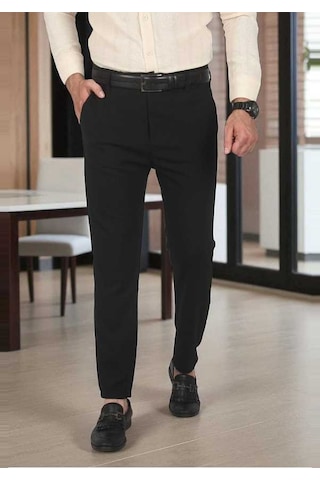 Deepsea Erkek Siyah İtalyan Kesim Tüylenmez Likralı Spor Pantolon Esnek Kumaş Bilek Boy Boru Paça Klasik Pantolon 2502005 Siyah