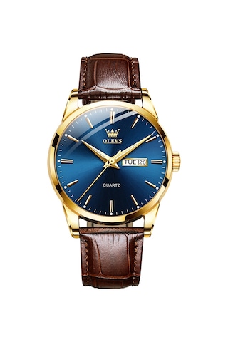 Olevs 6898 Erkekler Moda Su Geçirmez Çift Takvim Kuvars Saat Kahverengi Mavi