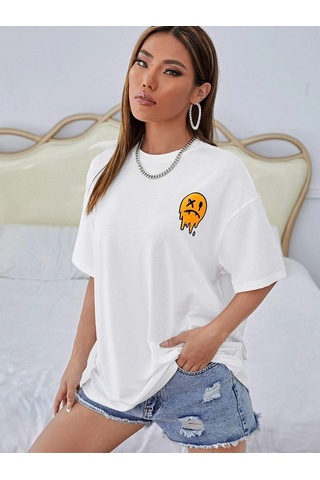 Kadın Beyaz Oversize No More Rules Baskılı Örme T-shirt Beyaz