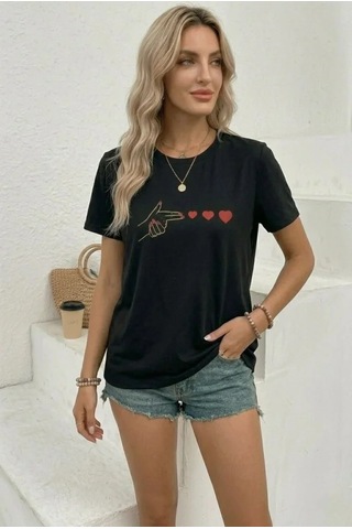 Defymoda Minimal Kalp İşaret Baskılı Tişört Kısa Kol Yazlık T-shirt - Siyah