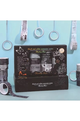 Dikdörtgen Vintage Washi Tape Bant Yapışkanlı Maskeleme Kağıdı Desenli Bant 20'li - Siyah Seri Bant 1