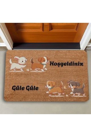 Valerine Life İkili Sevimli Yavru Köpekler Hoş Geldiniz Ve Güle Güle Kapı Önü Paspası 45x70cm