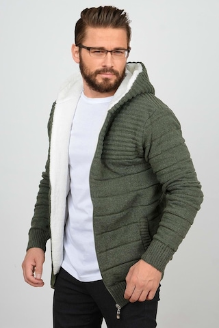 Erkek İçi Kürklü Kapüşonlu Fermuarlı Triko Hırka  T743- Yeşil