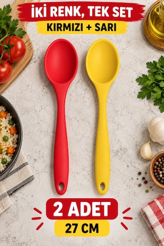 2'li Set Kırmızı Sarı Büyük Boy Silikon Kaşık 27 Cm Mutfak Yemek Pişirme Ve Servis Kaşığı Sofra İçin