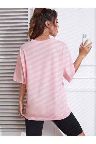 Noıssey Karikatür Ve Grafik Tasarım Oversize T-shirt Cartoon/letter Serisi Kod44 Pembe