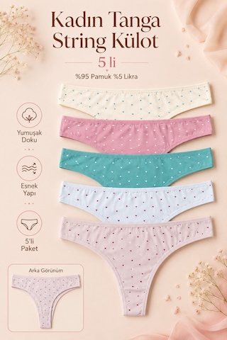 Nicoletta Kadın Külot Tanga 5 Li Paket Likralı Pamuklu Kalpli Pembe