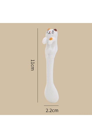 Fosenze Seramik Kedi Desenli Kadeh Ve Kaşık Seti, Askılı Tasarım, 300 Ml Kapasite, Beyaz Rengi, Glaze Kaplama Beyaz