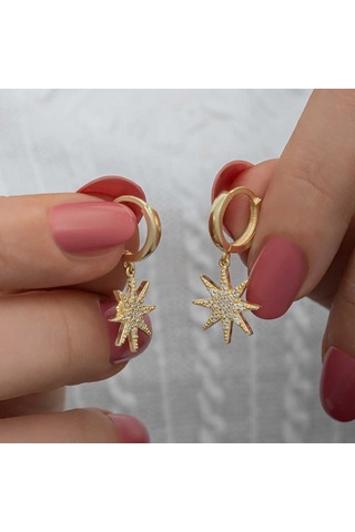 Aya Diamond Gümüş Gold Sallantılı Kutup Yıldızı Kadın Küpe Gold