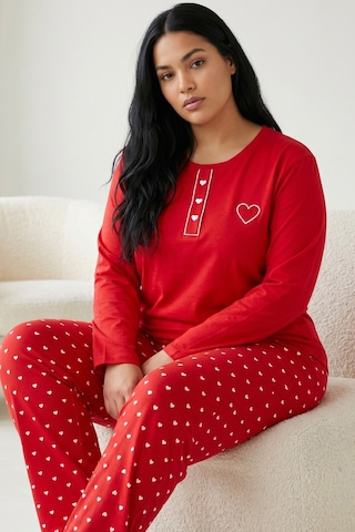 Siyah İnci Nakışlı Pamuklu Likralı Büyük Beden Battal Boy Örme Pijama Takım 26240885 Kırmızı