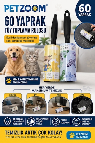 Petshop 60 Yaprak Tüy Toplama Rulosu Kedi Köpek Tüy Toplayıcı Ev Koltuk Araç Ofis Temizlik Rulosu