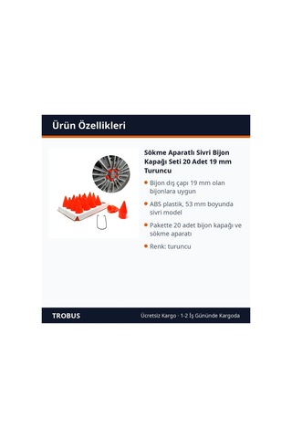 Trobus Sökme Aparatlı Sivri Bijon Kapağı Seti 20 Adet 19 Mm Turuncu