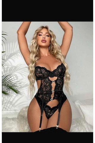 Selveta Dantel İşlemeli Bağcıklı Korsaj Bustier Görünümlü Jartiyerli Fantezi Takım Siyah