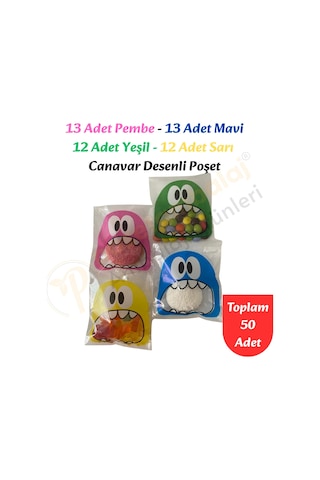 50 Adet 4 Renkli Canavar Desenli Cake Pop & Kurabiye Poşeti - 10x15 Cm