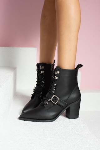 Shoetek Dasha Kadın Bot&bootie Tokalı Bağcıklı Siyah Deri Sıyah Cılt