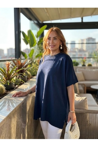 Zennamoda Kadın Bisiklet Yaka Kısa Yarasa Kollu Yanları Yırtmaçlı Oversize Dökümlü Merserize Bluz Lacivert
