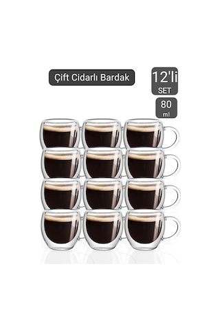 12 Li Set Kulplu Espresso Bardağı Doppio Ristretto Bardağı Çift Cidarlı Türk Kahvesi Bardak 80 Ml Şeffaf