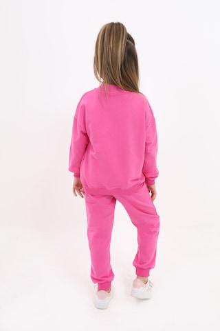 Toontoy Kids Kız Çocuk 2'li Takım Baskılı Kolej Yaka Fermuarlı Cepli Sweatshirt & Beli Paçası Ribanalı Jogger Eşofman Altı - Nervürlü & 2 İplik Fuşya
