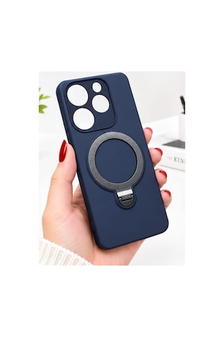 İnfinix Spark 10 Pro İle Uyumlu 360 Derece Dönebilen Kalın Metal Magsafe Halka Stantlı İçi Kadife Korumalı Ultra Lüx Premium Silikon Kılıf Lacivert