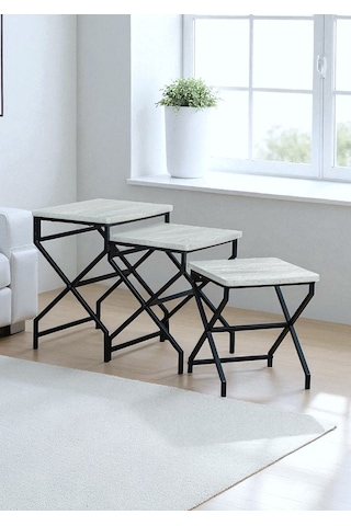 Zigon Sehpa Metal Ayaklı Beyaz Ahşap Kare Misafir Sehpası 3'lü