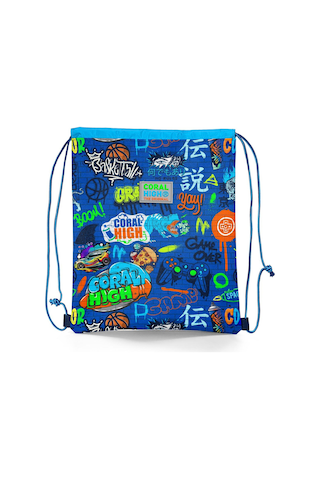 Coral High Kids Saks Grafiti Desenli İpli Büzgülü Sırt Çantası 12651 Saks Mavi