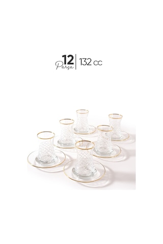 Mest Lura 12 Parça 6 Kişilik Yaldızlı Çay Bardağı Seti 132 Cc - Zarif Ve Şık Sunum Çizgili Gold