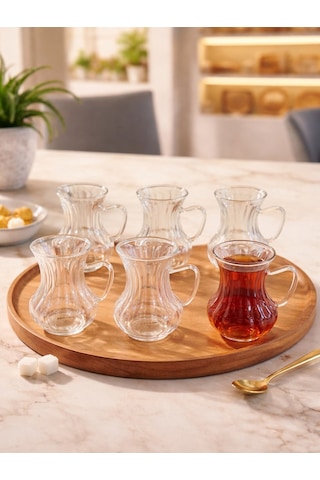 Ceren 6'lı Kulplu Çay Bardak Seti 6 Kişilik Gold