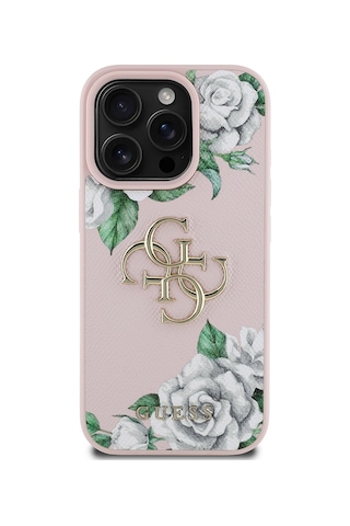 Apple Uyumlu iPhone 15 Pro Max Kılıf Guess Lisanslı Gül Baskılı Büyük Metal Logo Dizaynlı Kapak Pembe