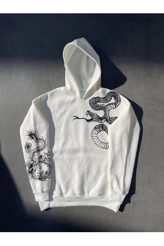 Mbb E-ticaret Kadın Oversize Kapüşonlu Kanguru Cepli Baskılı 3 İplik Pamuklu Sweatshirt Hoodie - Beyaz