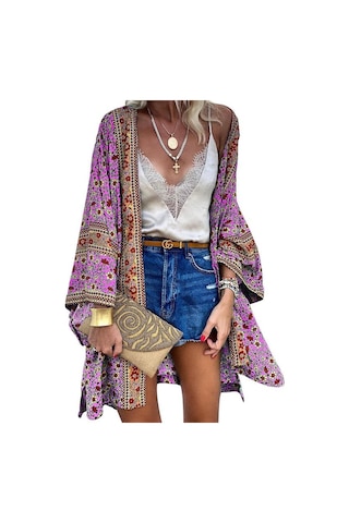 Kadın Yaz Önü Açık Hırka Bohem Tatil Bikini Cover Up Hırka Kimono Dış Giyim Mor