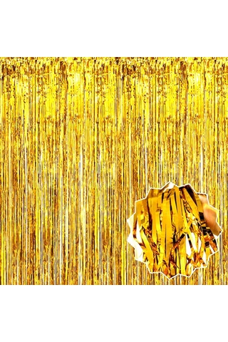 Altın Gold Renk Ekstra Metalize Parlak Saçaklı Arka Fon Perde İthal A Kalite 1x2 Metre Nessiworld