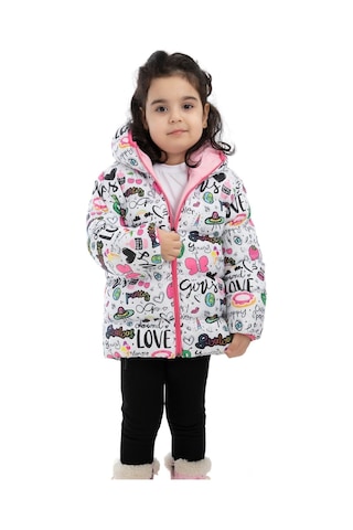 Kız Çocuk Içi Polarlı Kürklü Kapüşonlu Girls Yazılı Kelebek Desenli Kışlık Şişme Mont Beyaz