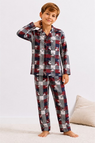 Free Beka Erkek Çocuk Önden Düğmeli Kareli Ve Karakter Desenli Uzun Kollu Pijama Takımı Kırmızı