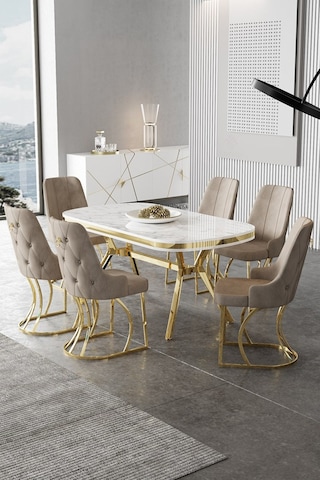 Canisa Epal Serisi 90x168 Lak Panel Beyaz Mermer Desen Masa Takımı Gold Ayaklı 6 Cappucino Sandalye Beyaz Mermer Desen Masa Sandalyeler Cappucino