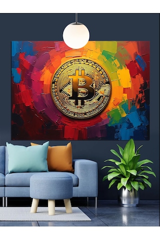 Renkli Fonda Bitcoin Sembolü Dekoratif Kanvas - Mdf Ahşap Tablo