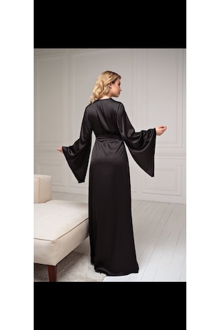 Juwana Gelin Sabahlık Uzun Ipeksi Saten Siyah Kimono