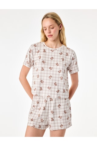 Koton Rahat Kalıp Ayıcık Baskılı Kısa Kollu Şortlu Pijama Takımı Ekru Desenli 7wlk40118mk