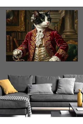 Aristokrat Kostümlü Kedi Portresi Dekoratif Kanvas - Mdf Ahşap Tablo