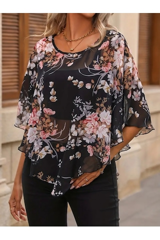 Modasize Kadın Kısa Kollu Yuvarlak Yaka Çiçek Baskılı Asimetrik Kesim Şifon Bluz Siyah