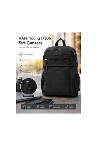 Kaff Young 17306 Siyah Laptop Bölmeli Çok Cepli Fonksiyonel Kadın Sırt Çantası