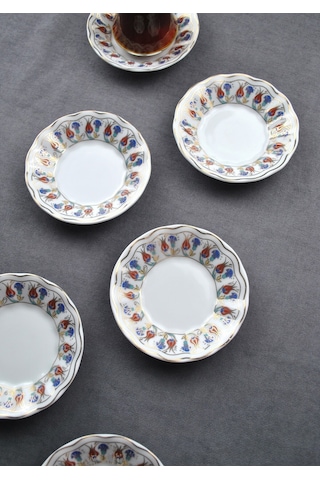 Qualitev 6 Adet Porselen Çay Tabağı Ebruli Lale Çini Motifli Çay Tabak 10 Cm Mavi