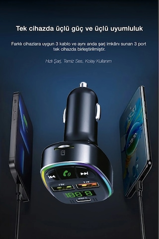 Bluetooth Fm Transmitter 3 Usb Portlu Süper Hızlı Araç Şarj Cihazı