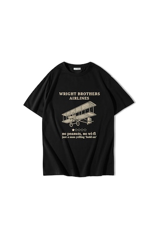 Brz Collectıon Brz Collection Unisex Oversize Wright Brothers Airlines T-shirt Siyah